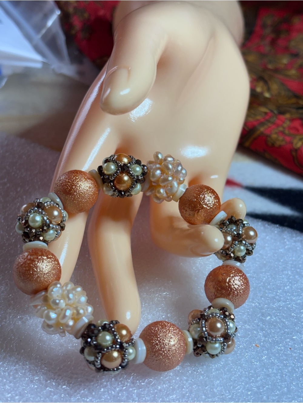 Peach Pearl and Bronze Cluster Beaded Stretch Bracelet 6.5 to 8 inches